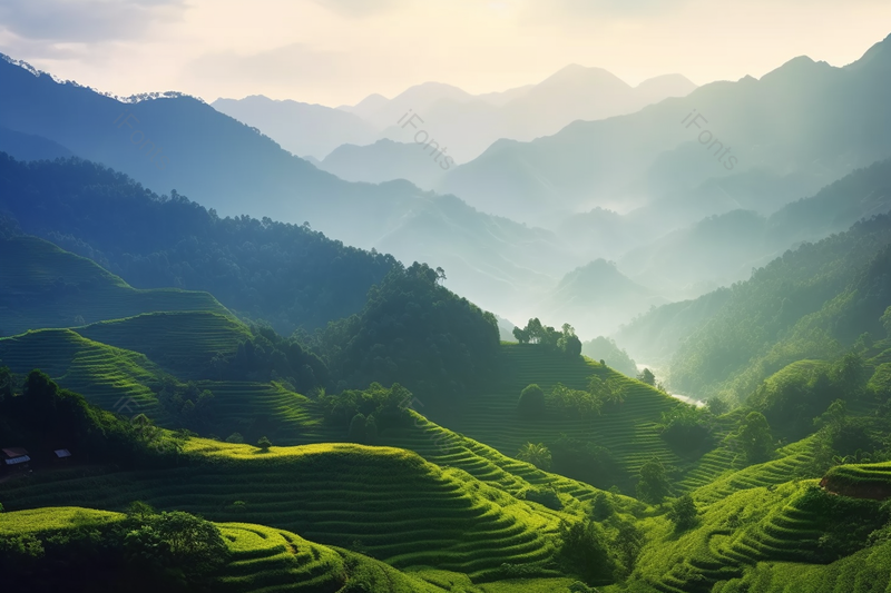 绿色连绵不绝山峰梯田眺望航拍全景风景背景,高清,摄影图,摄影图片,图片大全,摄影图免费下载